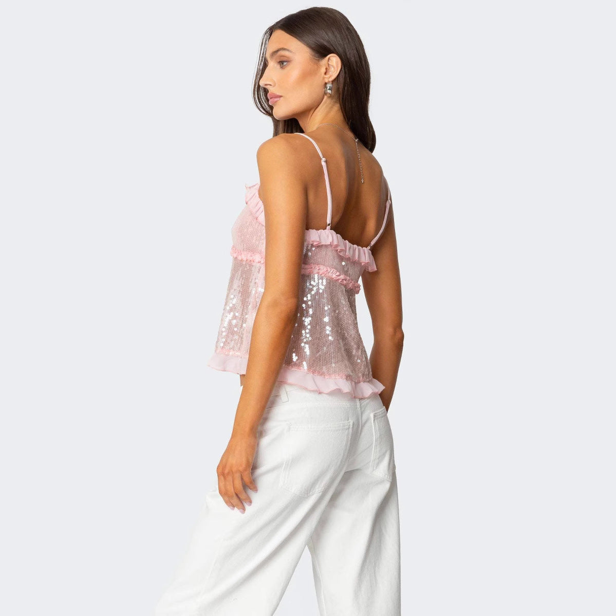 Women’s Crop Top – Sequin Mesh – Halter Neck – Fitted – Ruffle Trim Party Wear