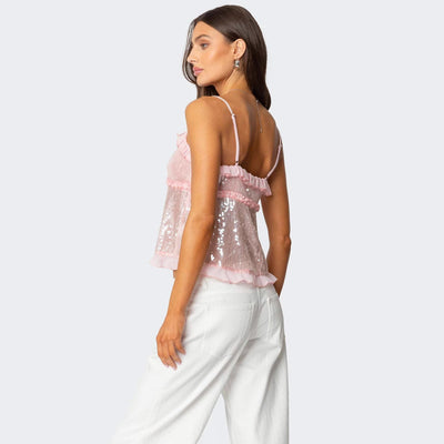 Women’s Crop Top – Sequin Mesh – Halter Neck – Fitted – Ruffle Trim Party Wear