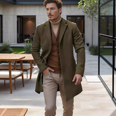 Men’s Wool Coat – Classic Fit – Notch Lapel – Mid Length – Button Front Closure