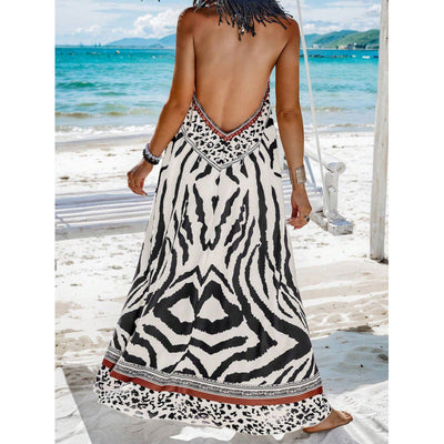 Women’s Maxi Dress – A-Line Silhouette – Animal Print – V-Neck Spaghetti Straps