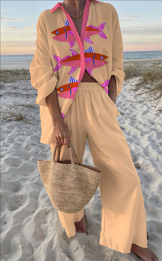 Evalisse™ - Pink fish print linen set