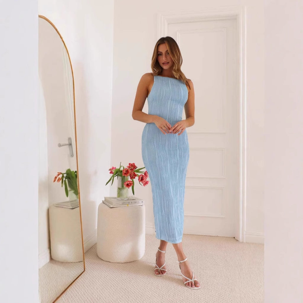 Women’s Midi Dress – Slim Fit – Backless – Textured Ripple Pattern – Sleeveless