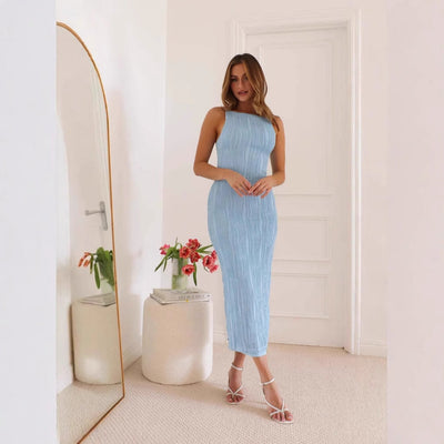 Women’s Midi Dress – Slim Fit – Backless – Textured Ripple Pattern – Sleeveless