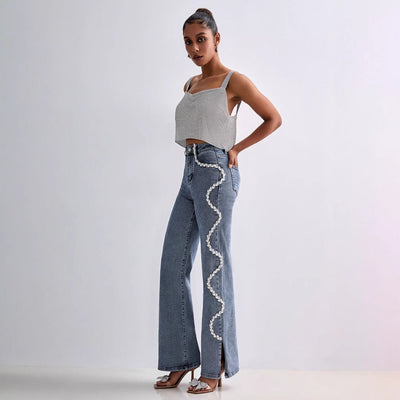 Women’s Straight Leg Jeans – Relaxed Fit – Rhinestone Side Detail – Hem Slit Denim