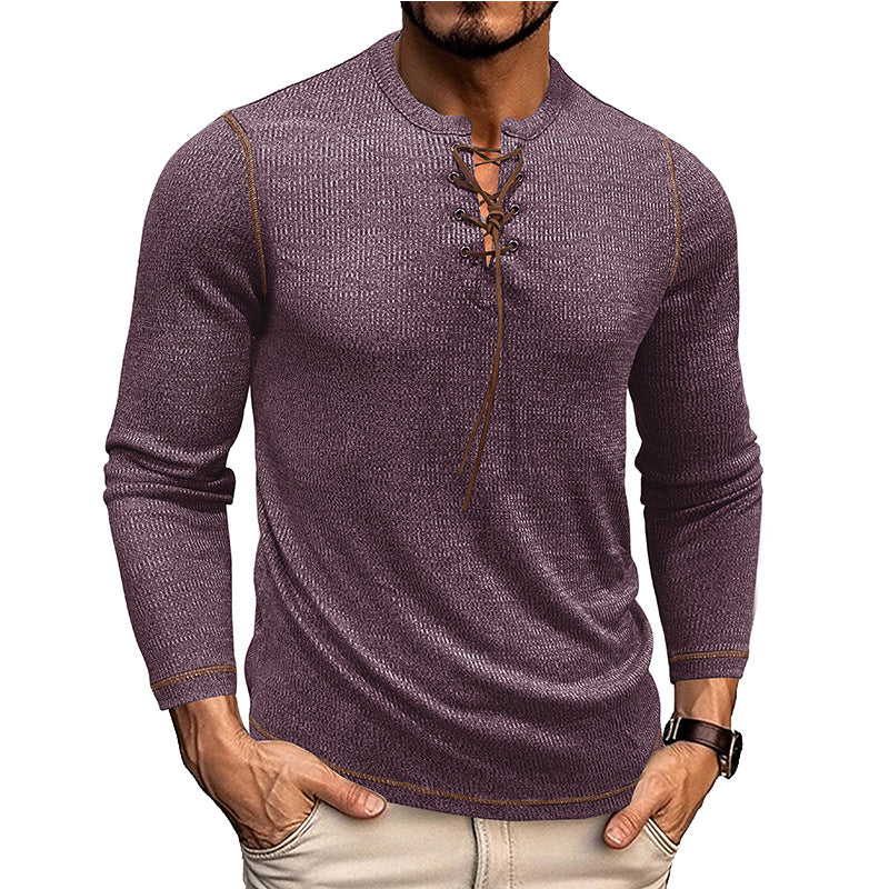 Men’s Long Sleeve Shirt – Slim Fit – Knit Texture – Lace-Up Neck – Casual Style