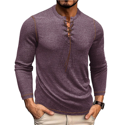Men’s Long Sleeve Shirt – Slim Fit – Knit Texture – Lace-Up Neck – Casual Style