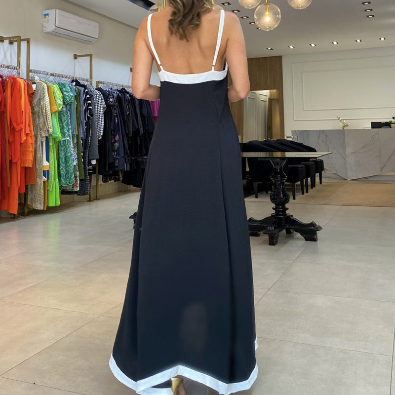 Women’s Maxi Dress – Loose Fit – V-Neck – Thin Straps – Contrast Detail – Flowy Hem