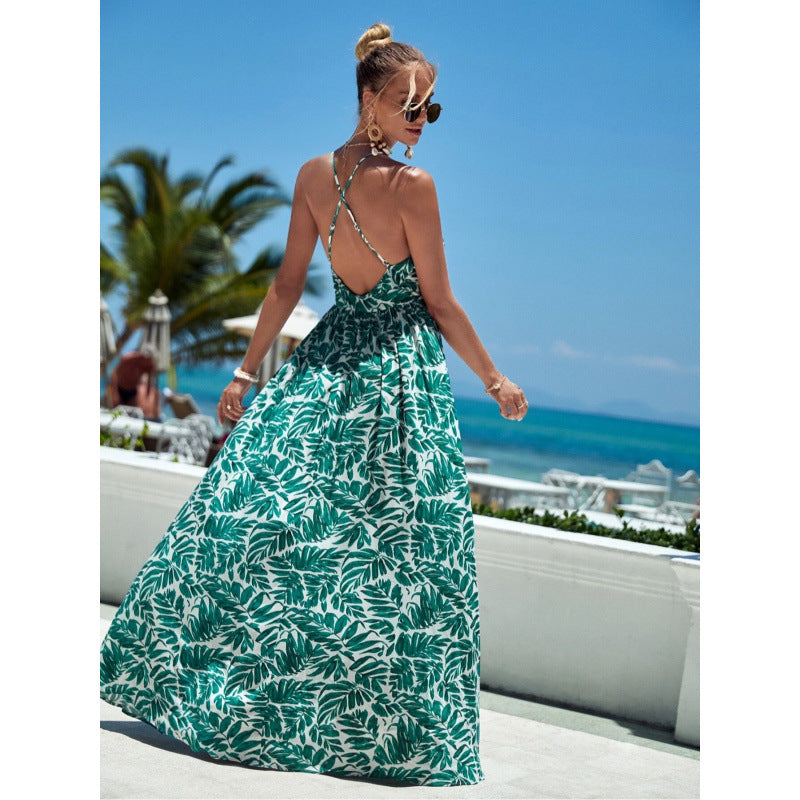 Women’s Maxi Dress – Relaxed Fit – Deep V-Neck – Halter Straps – Cotton Flowing Skirt