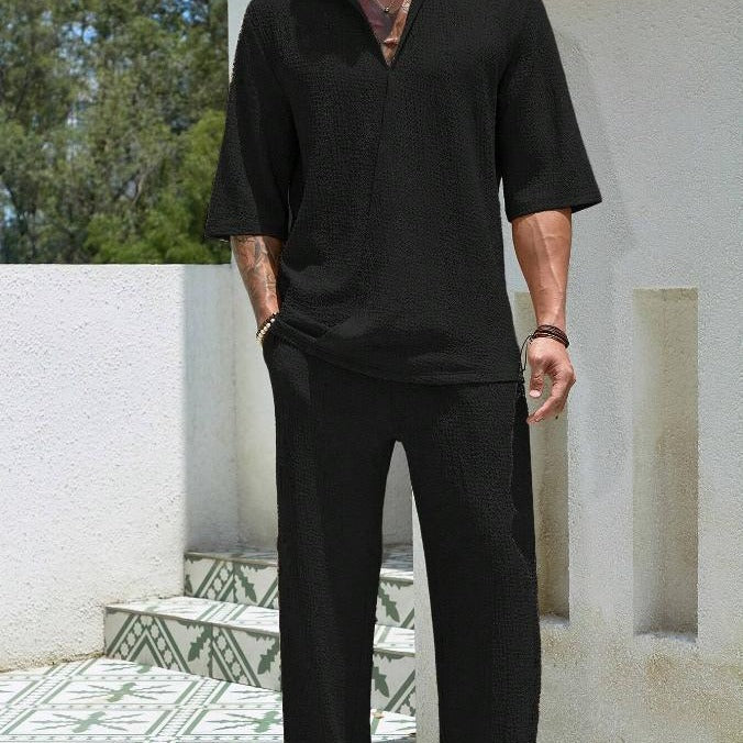 Men’s Shirt and Pants Set – Relaxed Fit – Textured Cotton – Button-Up Half Sleeve