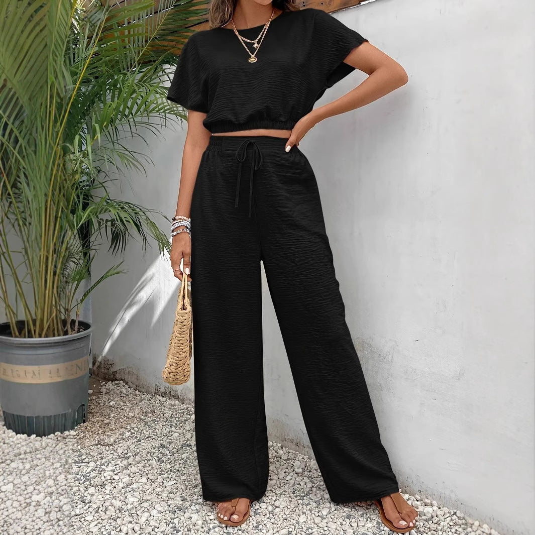 Women’s Two-Piece Set – Crop Top Batwing Sleeve – Wide-Leg Drawstring Pants