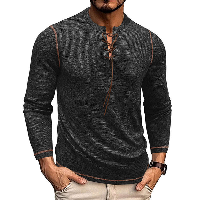 Men’s Long Sleeve Shirt – Slim Fit – Knit Texture – Lace-Up Neck – Casual Style
