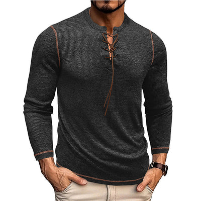 Men’s Long Sleeve Shirt – Slim Fit – Knit Texture – Lace-Up Neck – Casual Style