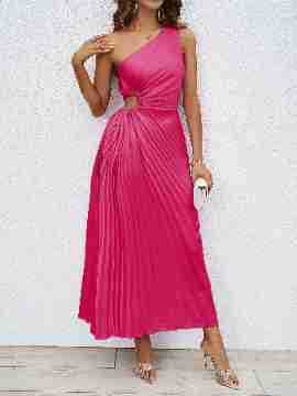 Women’s Maxi Dress – One Shoulder – Ruched Waist – Pleated Satin – Formal Fit