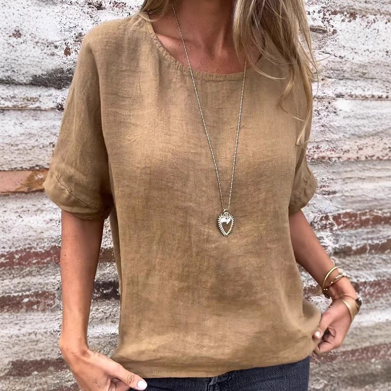 Women’s T-Shirt – Linen Blend – Loose Fit – Short Sleeve – Round Neck Casual Top