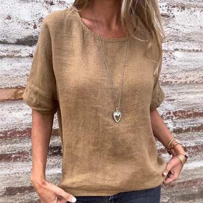 Women’s T-Shirt – Linen Blend – Loose Fit – Short Sleeve – Round Neck Casual Top