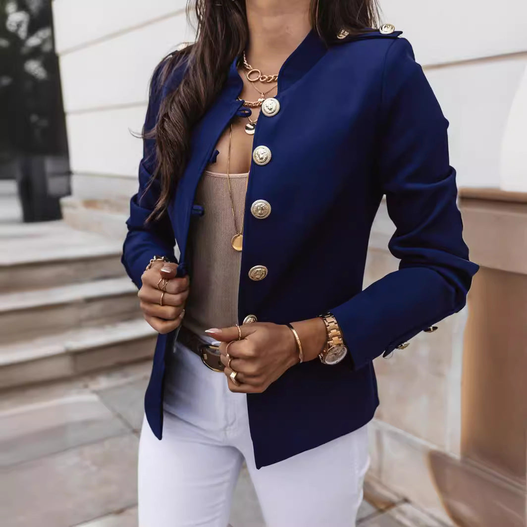 Women’s Blazer – Slim Fit – Gold Button Accents – Mandarin Collar – Structured Short Length