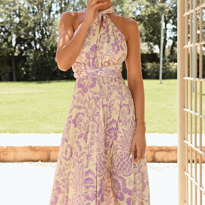 Women’s Halter Neck Dress – Full Length – Floral Print – Backless – Flowy Fit
