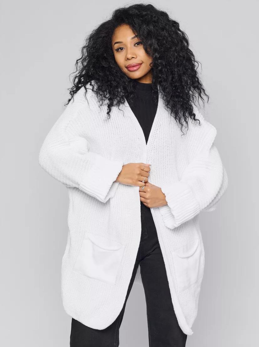 Women’s Knitted Cardigan – Oversized Fit – Ribbed Sleeves – Wool Blend – Open Front