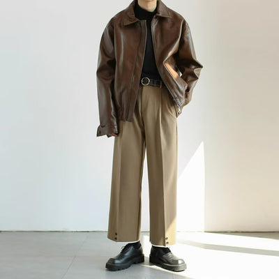 Men’s Leather Jacket – Cropped Fit – Oversized Silhouette – Zip Front – Button Cuffs