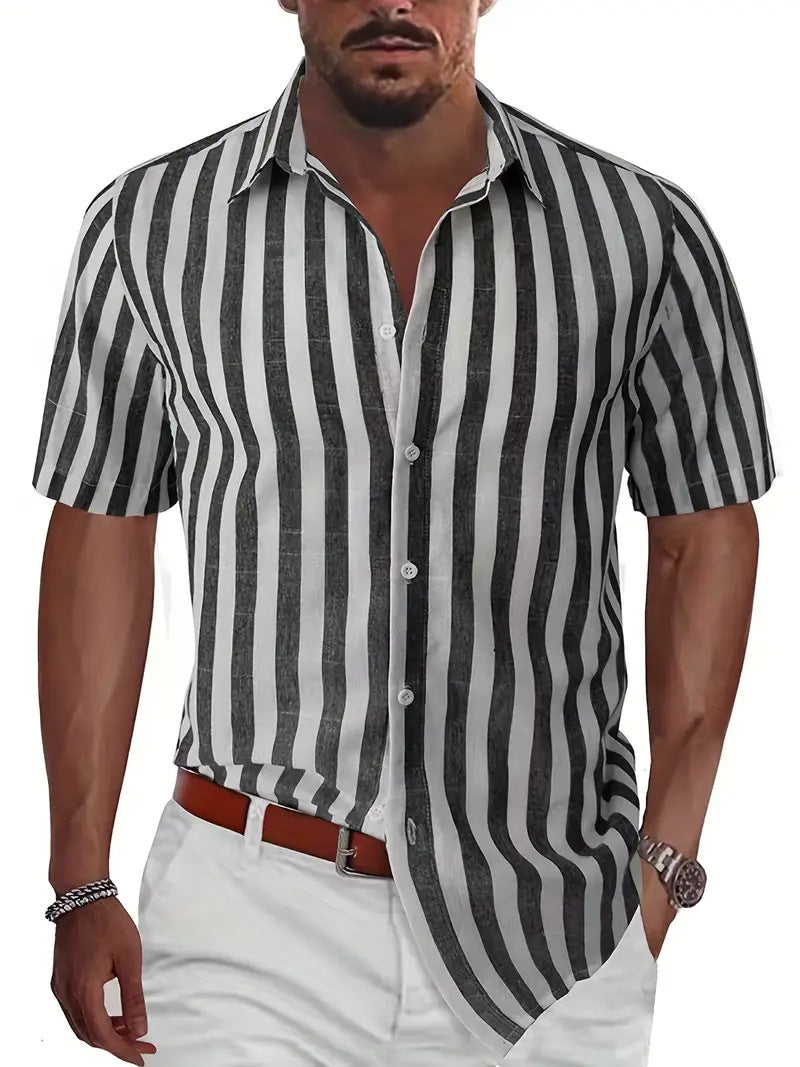 Men’s Button-Up Shirt – Relaxed Fit – Cotton – Short Sleeve Striped Casual Style