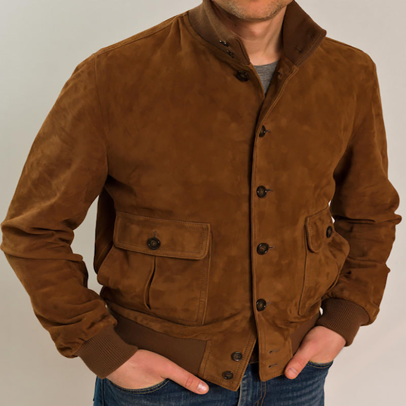 Men’s Suede Jacket – Slim Fit – Stand Collar – Button Front – Ribbed Cuffs – Flap Pockets