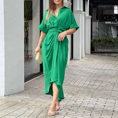 Women's Dress - Button-Down Shirt Dress - Waist Tie - Short Sleeves
