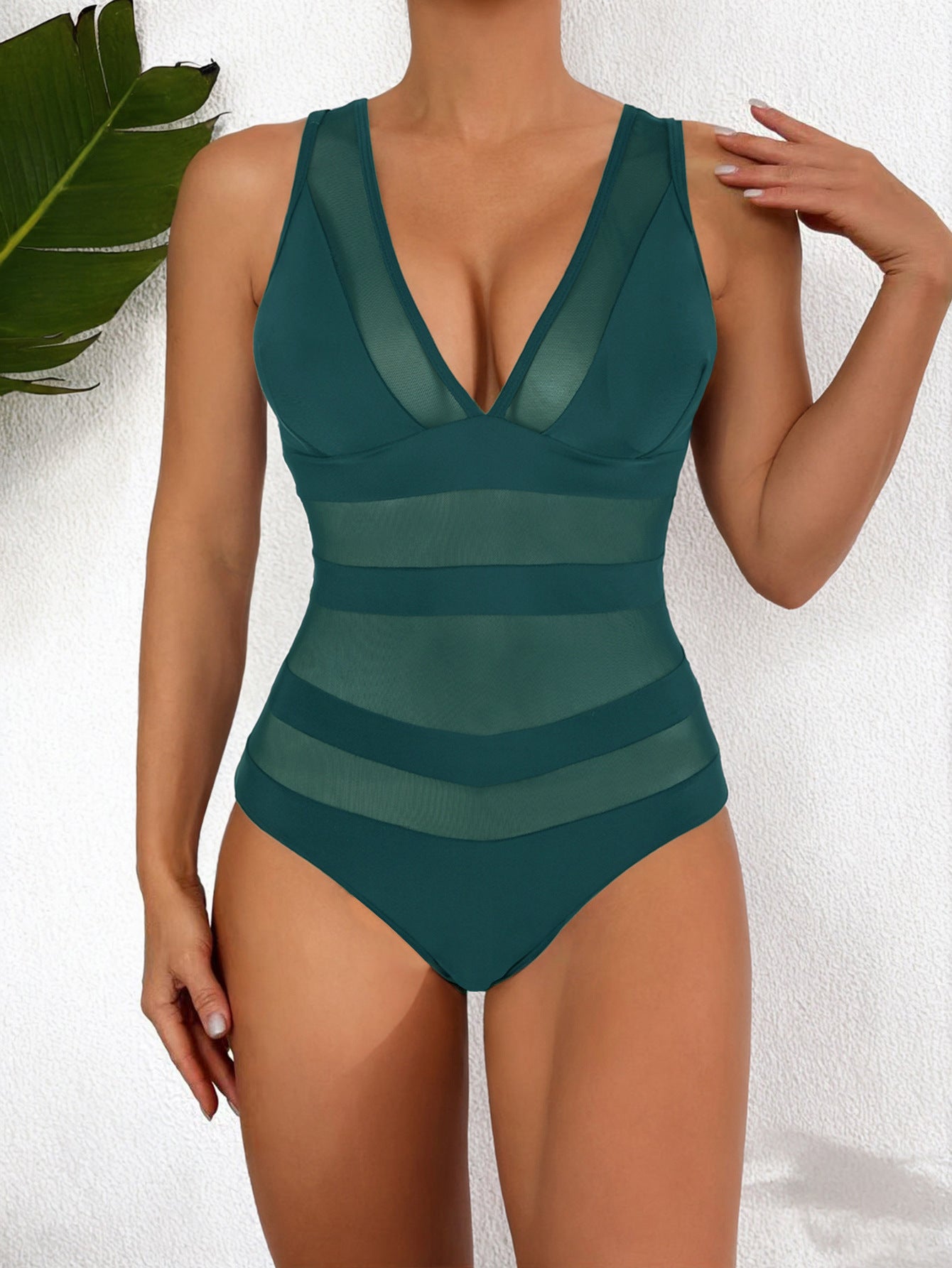 Women’s One-Piece Swimsuit – Deep V-Neck – Mesh Detail – Contour Fit – Sleek Finish