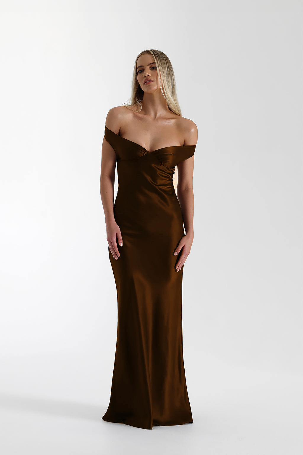 Women's Evening Gown - Off-Shoulder - Sleek Back Design - Floor-Length