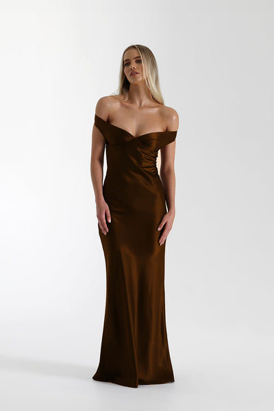 Women's Evening Gown - Off-Shoulder - Sleek Back Design - Floor-Length