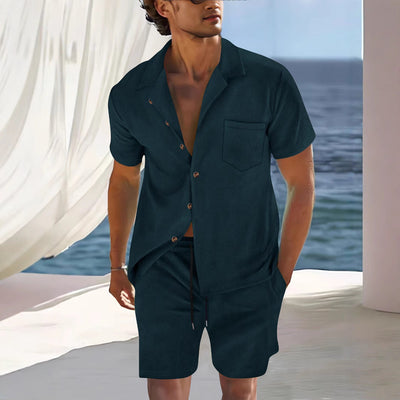 Men’s Shirt and Shorts Set – Cuban Collar – Relaxed Fit – Lightweight Woven Fabric