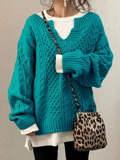 Women’s Knitted Sweatshirt – Wool Blend – Oversized Fit – Cable Knit – Deep V-Neck – Long Sleeve