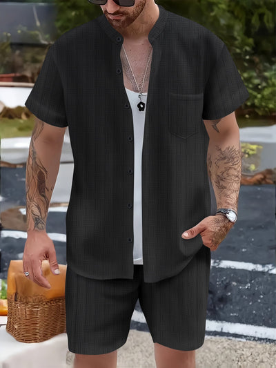 Men’s Casual Set – Henley Shirt and Shorts – Relaxed Fit – Cotton Linen Blend