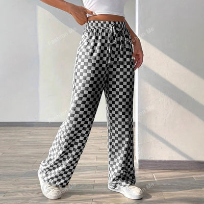 Women’s Trousers – Wide Leg – Relaxed Fit – Checkered Print – Elastic Waist Drawstring