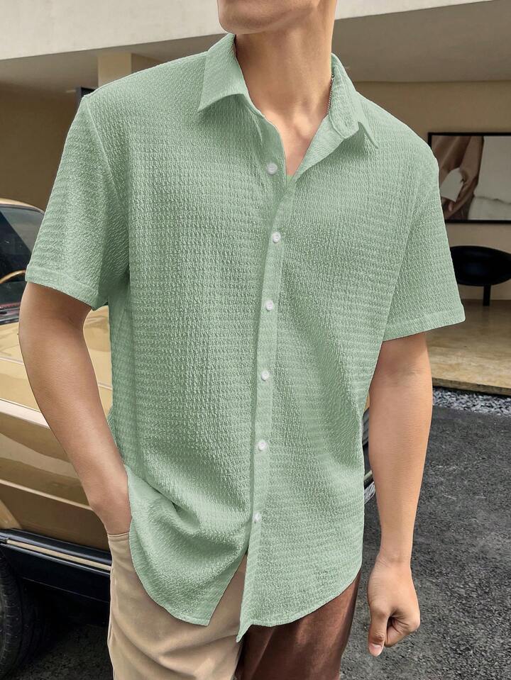 Men’s Short Sleeve Shirt – Cotton Blend – Regular Fit – Textured Button-Front Casual