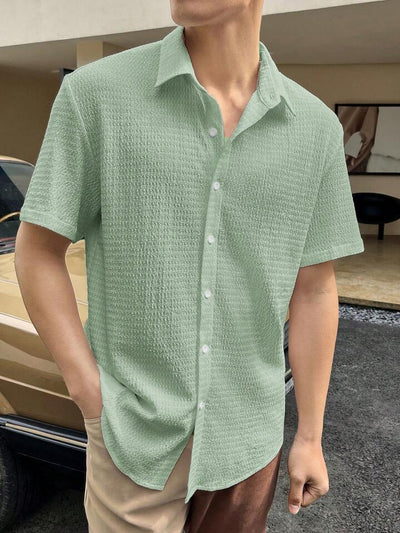 Men’s Short Sleeve Shirt – Cotton Blend – Regular Fit – Textured Button-Front Casual