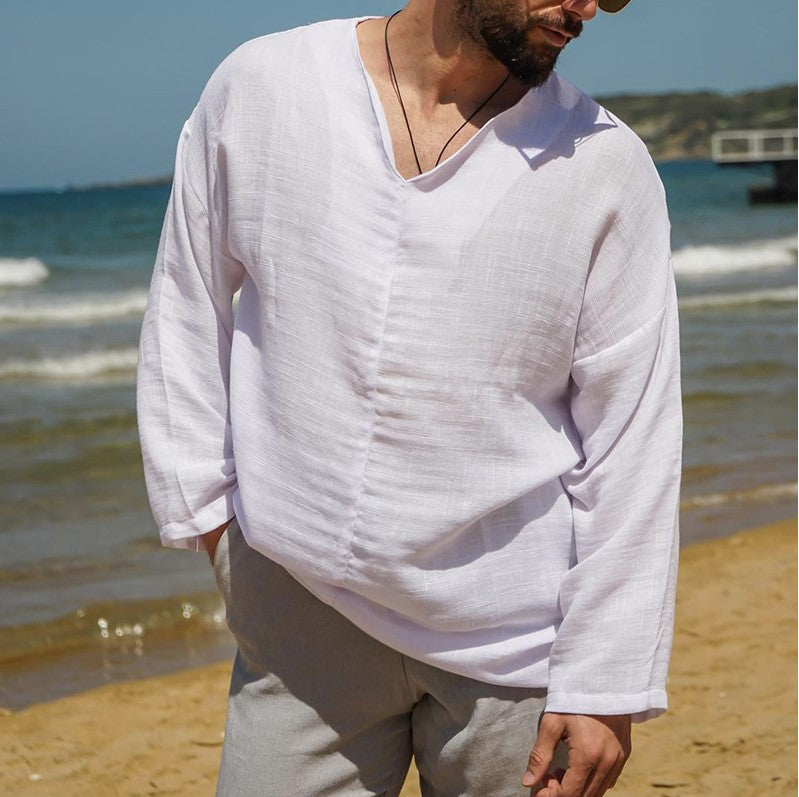 Men’s Linen Shirt – Relaxed Fit – V-Neck – Long Sleeve – Lightweight Casual Wear