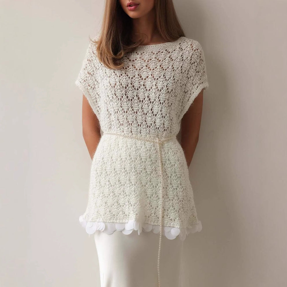 Women’s Knitted Pullover Top – Loose Fit – Lace Hem – Short Sleeve – Belted Waist