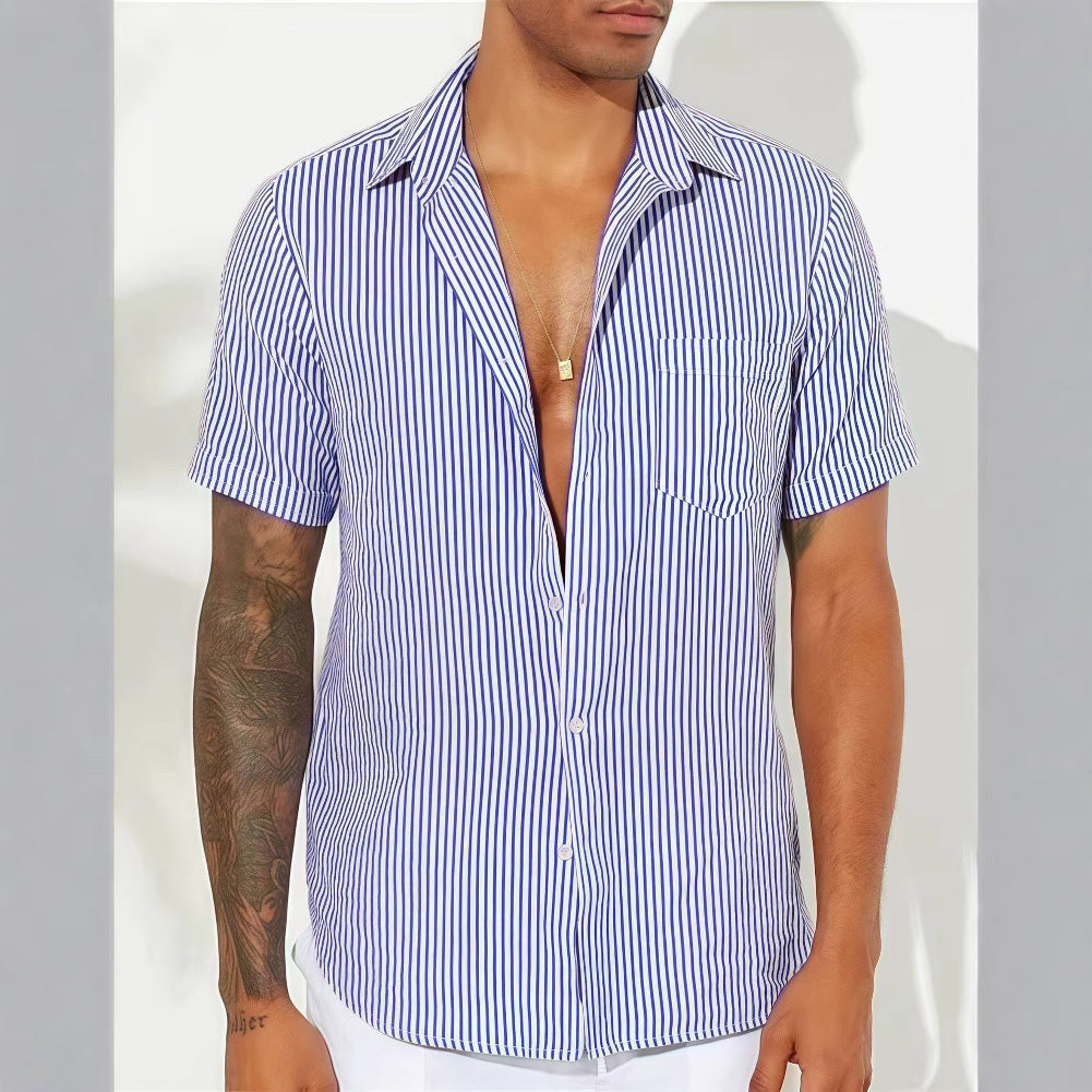 Men’s Short Sleeve Shirt – Cotton Blend – Relaxed Fit – Vertical Stripes – Chest Pocket