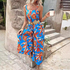 Women’s Jumpsuit – Sleeveless Floral – Tailored Waist – Wide Leg – Soft Breathable Fabric