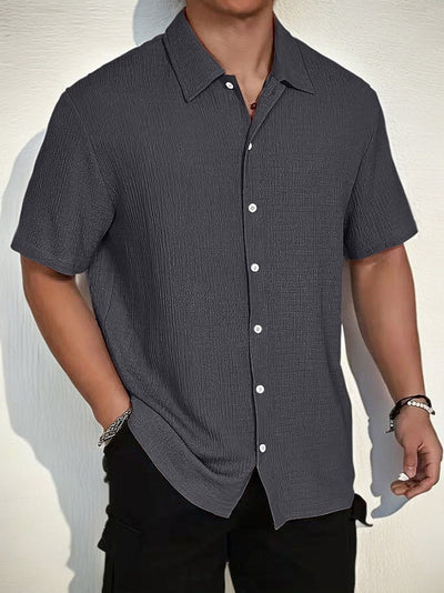 Men’s Short Sleeve Shirt – Cotton Blend – Regular Fit – Textured Button-Front Casual