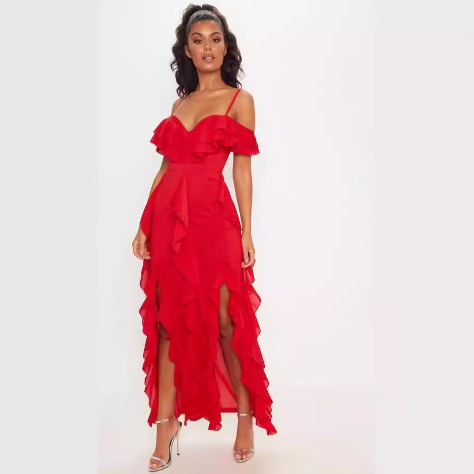 Women’s Long Dress – Slim Fit Chiffon – Ruffled Layers – Off-Shoulder Spaghetti Straps