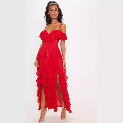 Women’s Long Dress – Slim Fit Chiffon – Ruffled Layers – Off-Shoulder Spaghetti Straps