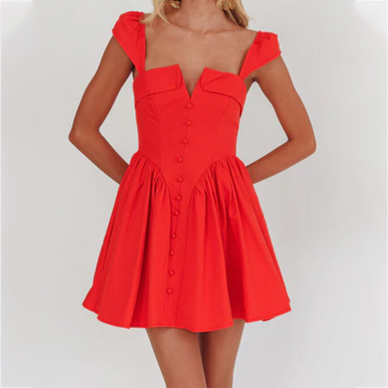 Women’s Mini Dress – Square Neck – Fitted Bodice – Pleated A-Line Skirt – Sleeveless