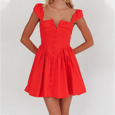 Women’s Mini Dress – Square Neck – Fitted Bodice – Pleated A-Line Skirt – Sleeveless