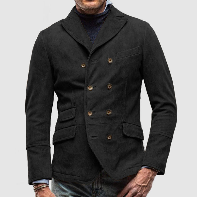 Men’s Double-Breasted Jacket – Suede Feel – Tailored Fit – Lapel Collar – Hip Length