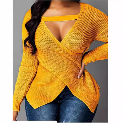 Women’s Pullover Sweater – Fitted Knit – Asymmetrical V-Neck – Cut-Out Detail – Long Sleeve