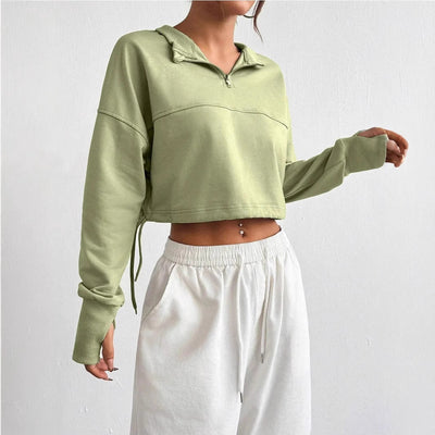 Women’s Cropped Sweatshirt – Cotton Blend – Relaxed Fit – Zip Neck – Balloon Sleeves