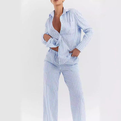 Women’s Shirt and Pants Set – Cotton Blend – Relaxed Fit – Striped Button-Down Style