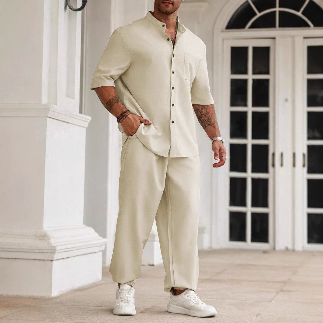 Men’s Casual Set – Cotton Linen Blend – Relaxed Fit – Button-Down Shirt & Trousers