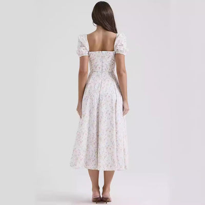 Women’s Midi Dress – A-Line Fit – Puff Sleeve – Square Neck – Lightweight Cotton